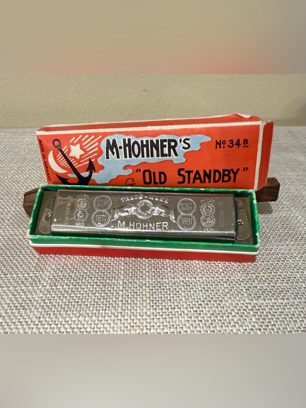 Vintage M. Hohner Old Standby No. 34 B Harmonica with Original Box